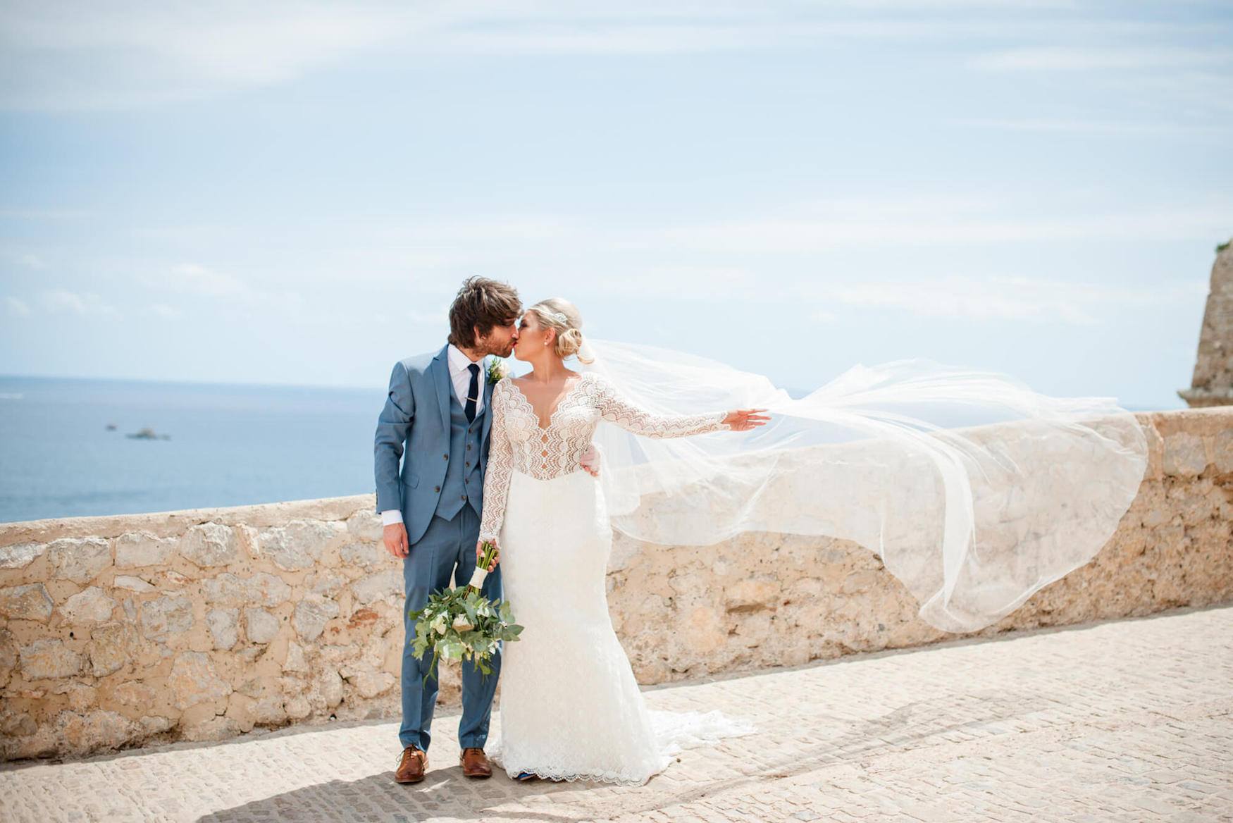 Wedding veil blowing in the wind at an Ibiza wedding